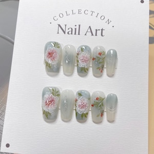 Blooming Spring Flowers Press on Nails, Customized Hand Painted Fake Nails, Colorful Nails, Artist Faux Nails, Reusable Premium Nails
