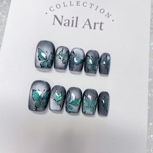 Stunning Butterflies Cat Eye Customized Press on Nails, Hand Painted Fake Nails, Holiday Nails, Artist Faux Nails, Reusable Premium Nails