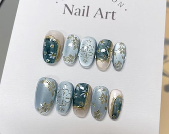 Vintage Floral Blue Cat Eye Press On Nails: Hand-Painted Reusable Faux Nails