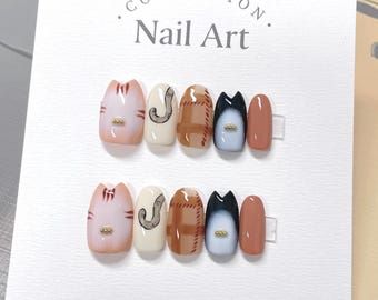 Hand Painted Cat Press On Nails: Reusable Artist Faux Nails