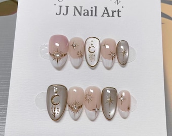 French Tips Cat Eye Press sur les ongles : faux ongles réutilisables peints à la main