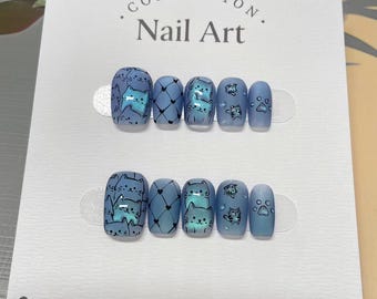 Lenticular Blue Cats Press On Nails: Hand Painted Reusable Faux Nails