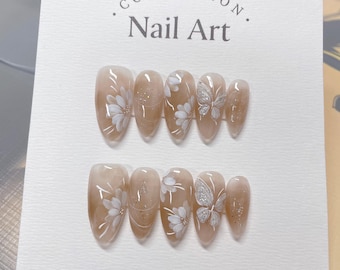 Hand Painted Press On Nails: White Flowers, Butterfly Design, Reusable