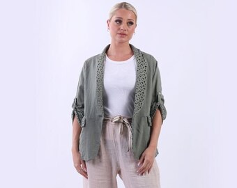 Embroidered Lapel Summer Linen Crop Jacket, Made in Italy Short Linen Jacket, Ladies Linen Blazer, One Size