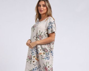 Vestido Lagenlook de lino con estampado floral italiano, vestido de lino hecho en Italia con bolsillos, talla única