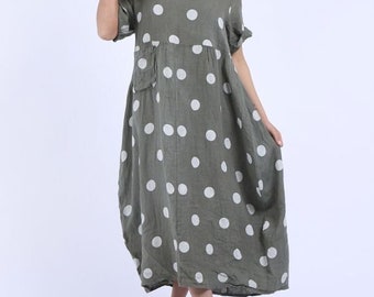 Polka Dot Print Linen Lagenlook Dress with Pockets, Oversized Linen Long Dress with Pockets, One Size