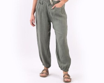 Loose Fit High Rise Balloon Hem Linen Trouser with Pockets, Italian Baggy Harem Pants, One Size