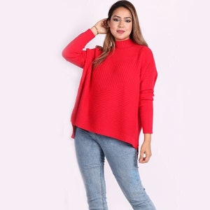 Oversized Funnel Neck Pullover Sweater Red