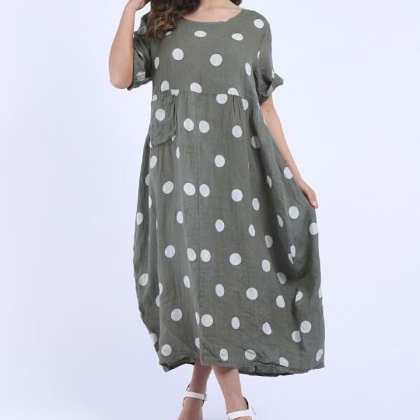 Polka Dot Print Linen Lagenlook Dress with Pockets, Oversized Linen Long Dress with Pockets, One Size