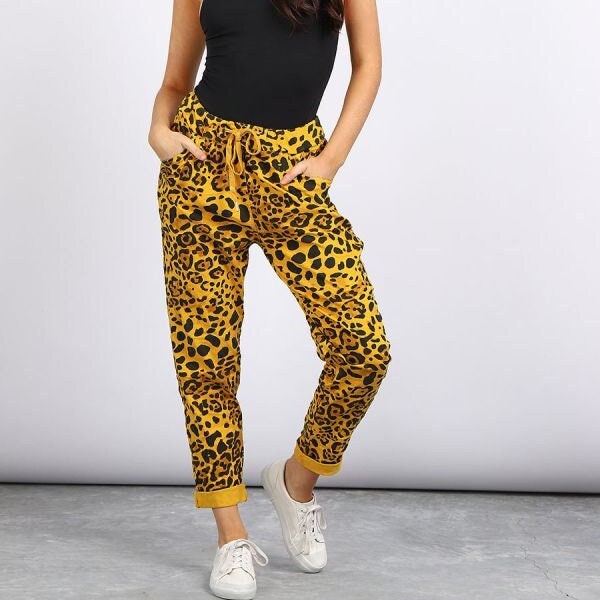 Trendy Leopard Print Ladies Magic Pants, Leopard Print Drawstring Pants with Pockets