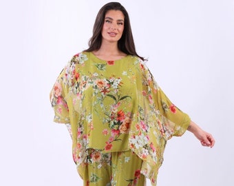 Made in Italy Floral Print Silk Tunic Top with Double Layered, Round Neck and Batwing Sleeves, One Size