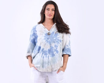 Italian Women Tie Dyed Hi-lo Linen Top with Decorative Front Button, Rolled Up Sleeves and Dipped Hem, One Size