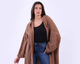 Cardigan à capuche grande taille en laine, ouvert sur le devant, manches longues et capuche intégrée, taille unique