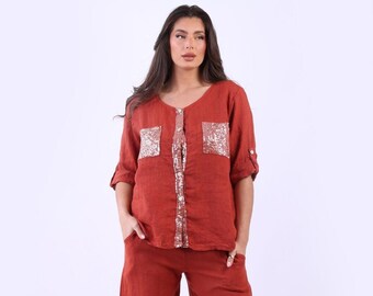 Italian Sequin Linen Tunic Top with Front Buttons Sequin Placket, Sequin Chest Pockets and Backside Sequin Panel, One Size