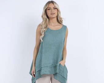 Schlichtes, ärmelloses Damen-Tanktop aus Leinen mit Seitenschlitzen, Vordertaschen, getäfeltem Saum und Tunika-Stil, Einheitsgröße, hergestellt in Italien