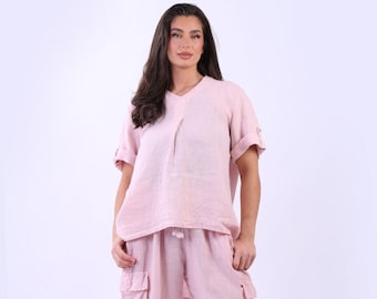 Made in Italy Hi-Lo Baggy Linen Top with Band Collar, Tabbed Sleeves and Front Placket, One Size