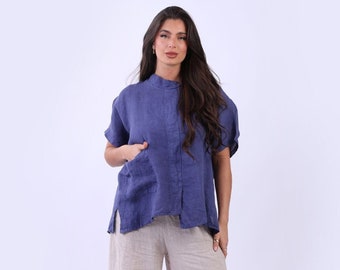 Made in Italy Women's Plain Linen Blouse with Front Pocket Detail, Short Sleeves and Plus Size, One Size