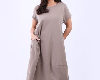 Made in Italy Cotton Midi Dress with Ribbed Boat Neck, Short Sleeves and Side Pockets, One Size