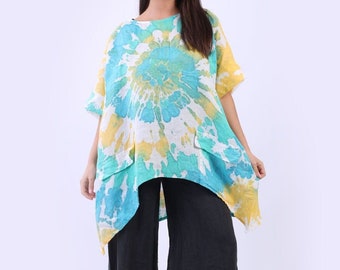 Women's Made in Italy Tie Dyed Linen Top with Baggy Short Sleeves, Dipped hem and Front Flap Pockets, One Size