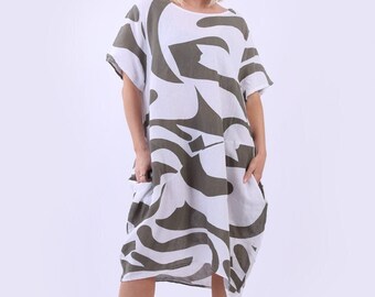 Abstract Print Linen Knee Length Lagenlook Quirky Dress, Made in Italy One Size Lagenlook Linen Dress, One Size