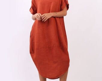 Short Sleeve Pure Linen Dress with Button Sleeve and Round Hem, Plus Size, One Size