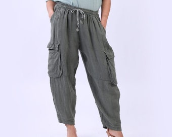 Pantalon cargo ample en lin pour femme avec taille élastique, ceinture à cordon de serrage, poches latérales et poches à rabat aux genoux, taille unique, fabriqué en Italie