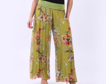 Sarouel en soie à imprimé floral pour femmes italiennes avec 2 épaisseurs, jambe large et large ceinture élastique, taille unique