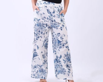 Women's Butterfly and Bloom Print Linen Pant with Elasticated Waist, Side Pockets and Straight Legs, One Size, Made in Italy