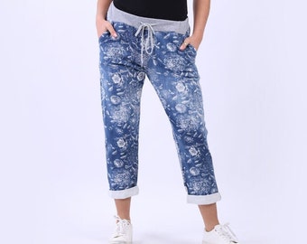 Italian Women's Cotton Floral Print Pants with Elastic Waist, Drawstring Belt, Side Pockets and Plus Size, One Size