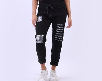 Relaxed Fit Ripped Magic Pants with Sequin Details, European Sequin Pants
