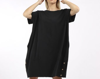 TN216 Oversize Funky Boho V Neck Longsleeve Hearther Black Viscose Sweat Tunic Sweater Dress Lagenlook Top With Scarf Slouch Dress Tunic