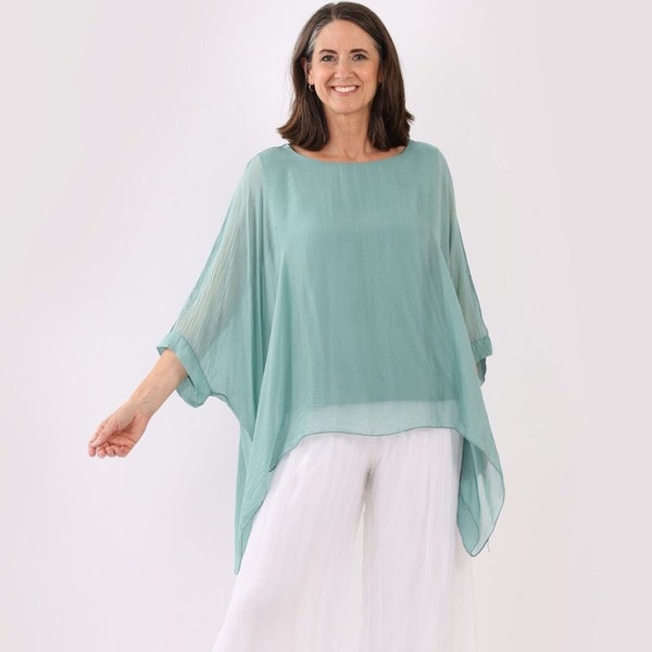 Women's Plain Batwing Silk Tunic Top with Round Neck, Batwing Sleeves and Plus Size, One Size, Made In Italy
