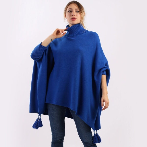 Cowl Neck Poncho with Batwing Sleeves and Tassels