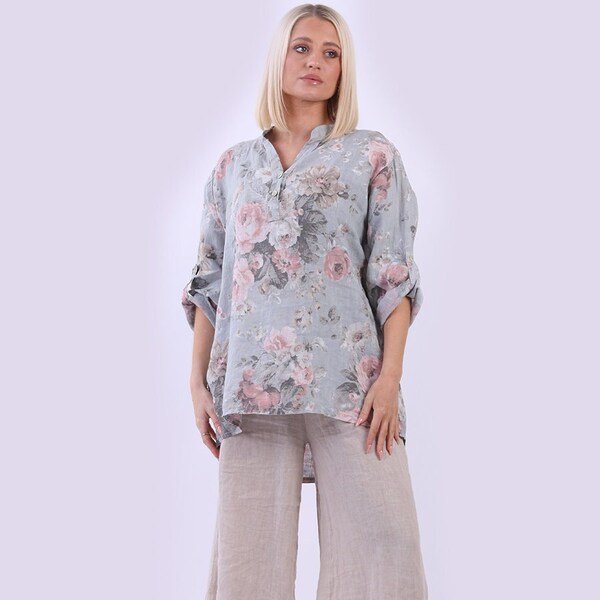 Floral Print Pure Linen Top with Mandarin Neck and Front Button Fastening, Make in Italy Linen top, Plus size linen top, One Size