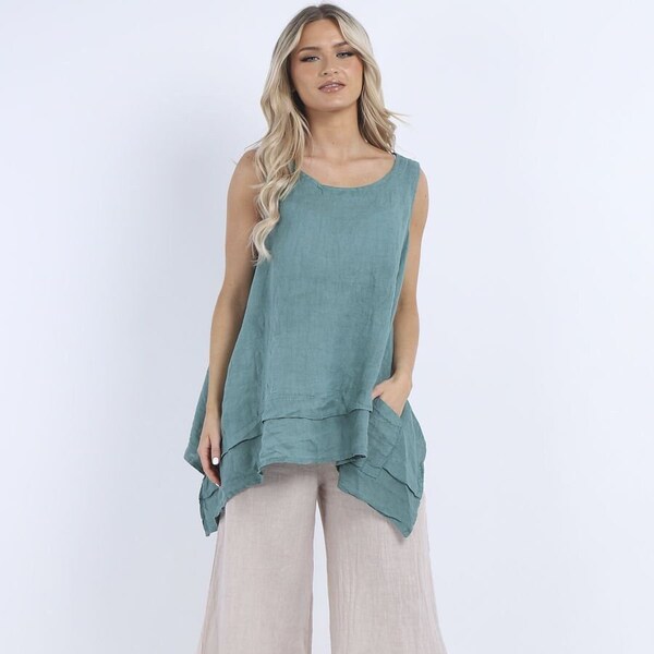 Women Plain Sleeveless Linen Tank Top with Side Slits, Front Pockets, Paneled Hem and Tunic Style, One Size, Made in Italy