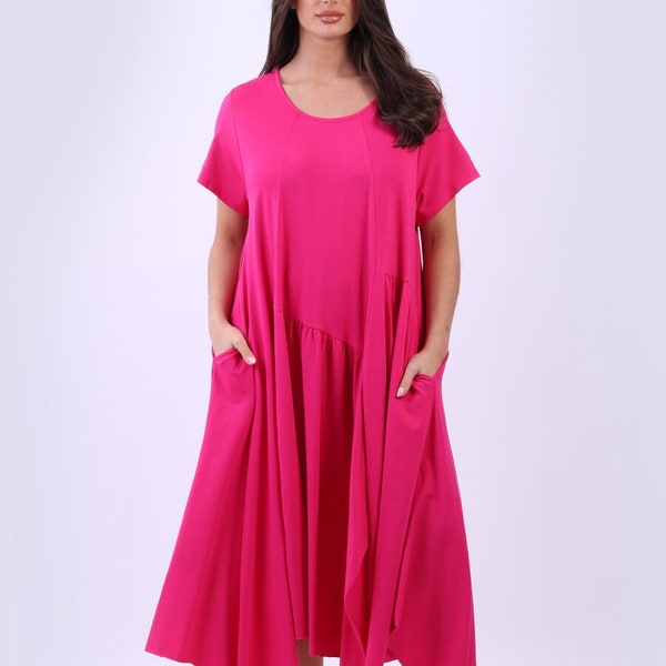 Italian Swing Cotton Raw Edge Dress with Modish Cut Hem, Round Neck, Short Sleeves, Side Pockets and Plus Size, One Size