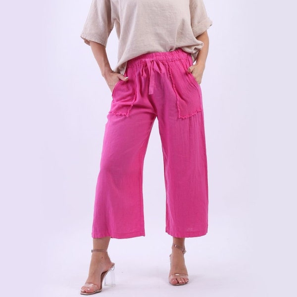 Italian Women Plain Linen Wide Legs Trouser with Drawstring Waistband and Side Raw Edge Pockets, One Size