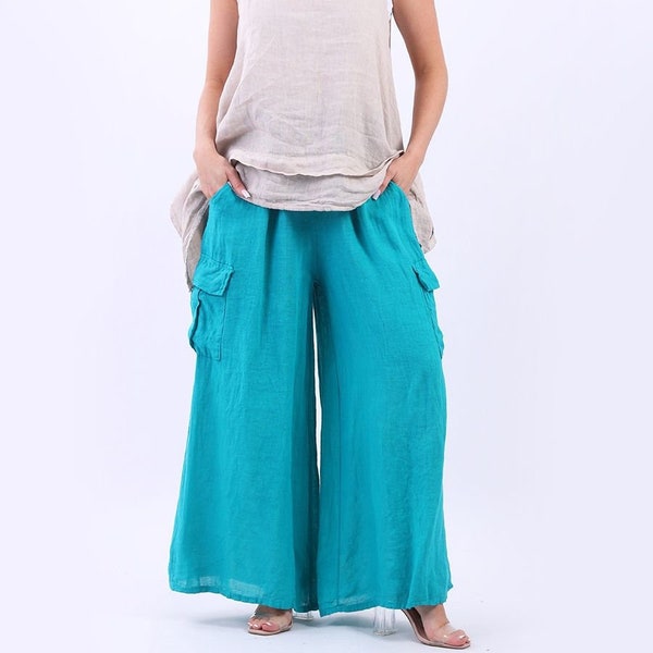 Italian Solid Linen Flap Pocket Palazzo Pants with Elasticated Waist, Side & Flap Pockets and Wide Legs, One Size