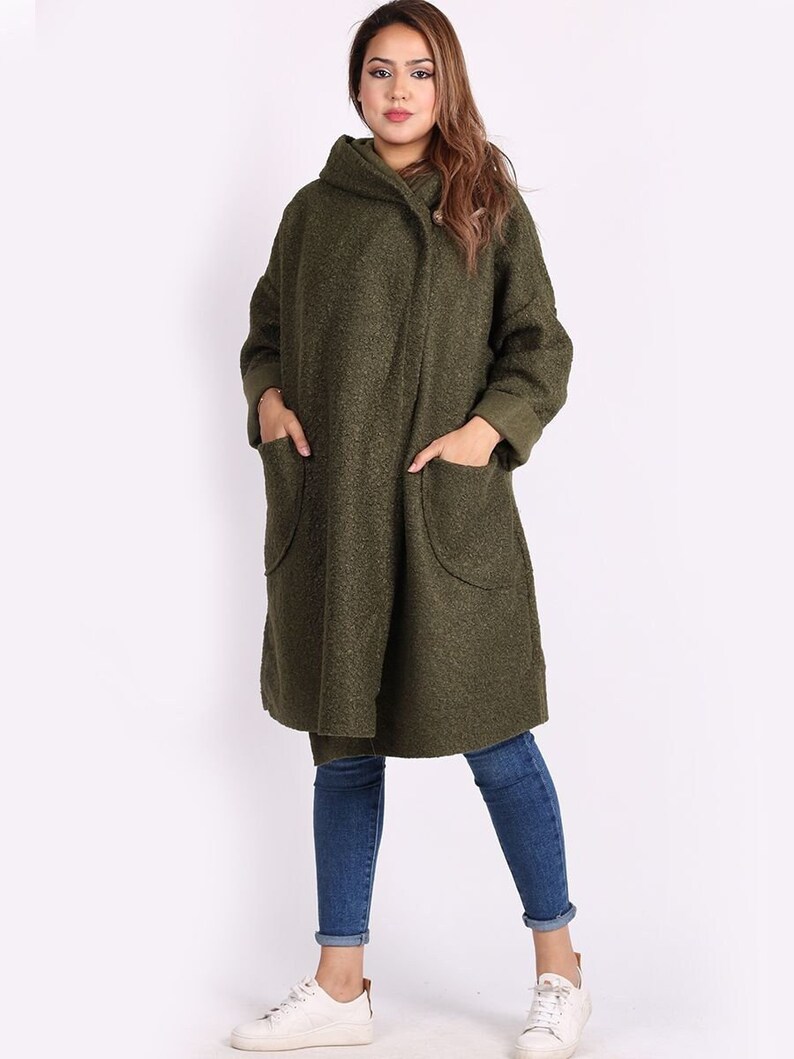 Front Pockets Hooded Woolen sales Coat