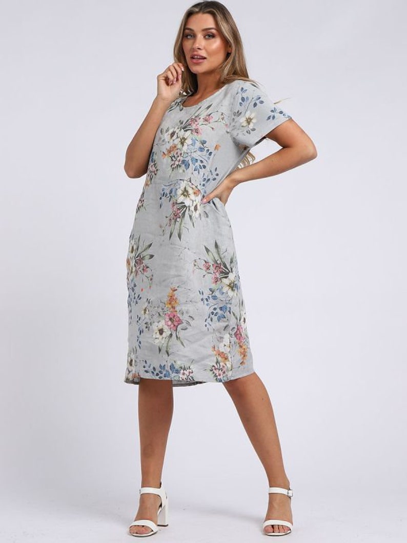 gray Floral linen dress knee length with pockets