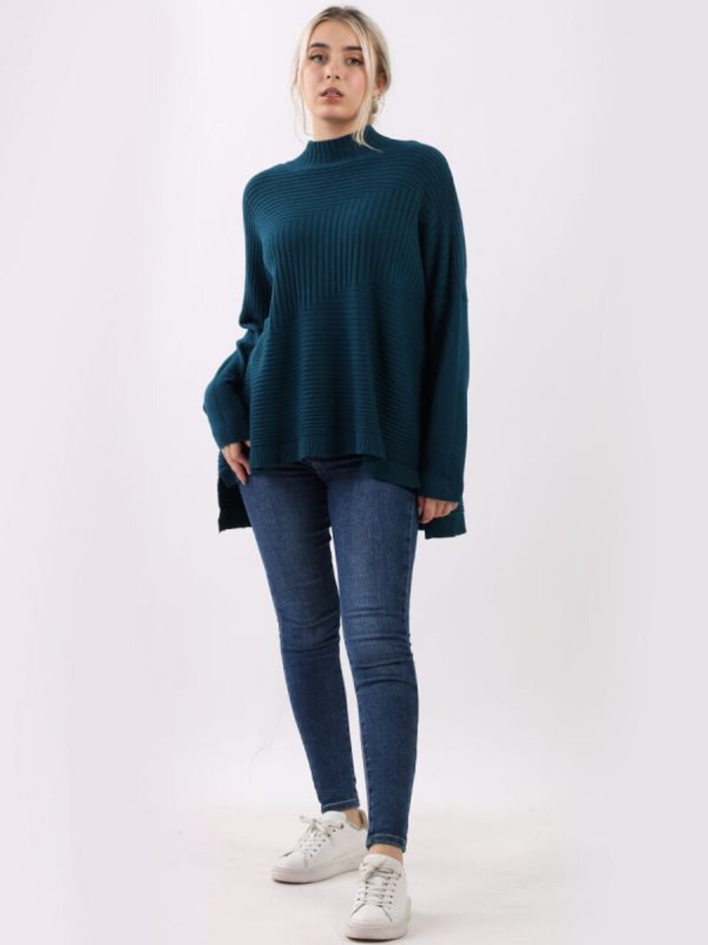 Oversized Funnel Neck Pullover Sweater Teal