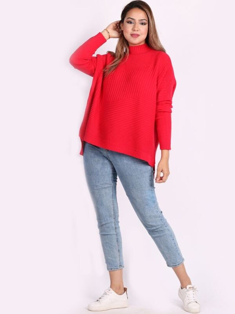 Oversized Funnel Neck Pullover Sweater Red
