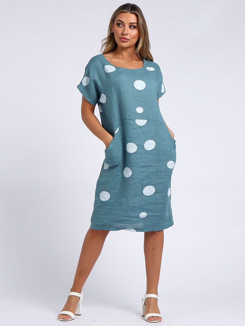 Linen Dress With Pockets, Polka Dot Dress With Pockets, Italian Linen Dress