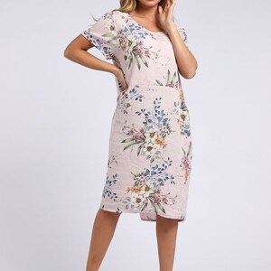 beige Floral linen dress knee length with pockets