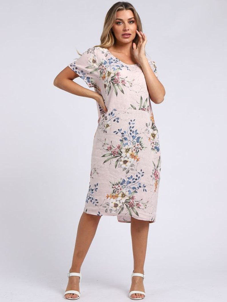 beige Floral linen dress knee length with pockets