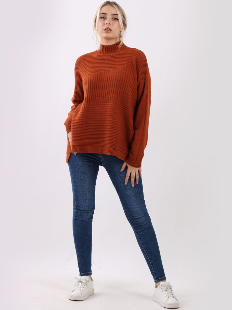 Oversized Funnel Neck Pullover Sweater Rust