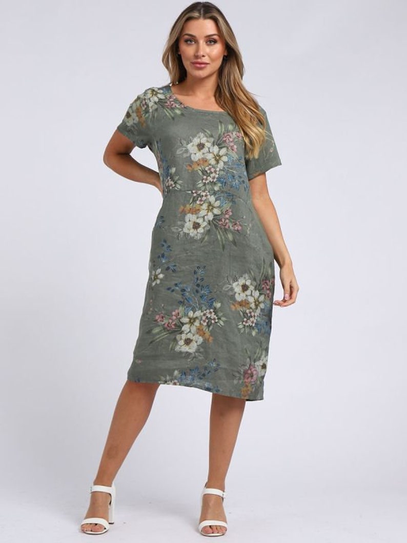 khaki Floral linen dress knee length with pockets