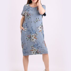 blue Floral linen dress knee length with pockets