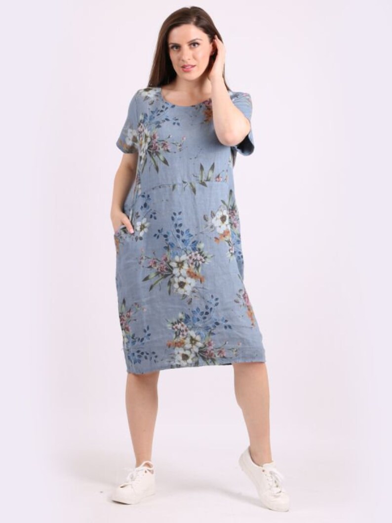 blue Floral linen dress knee length with pockets