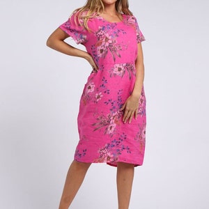 Fuchsia Floral linen dress knee length with pockets